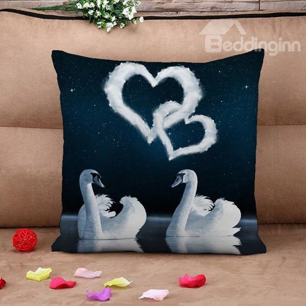 White Swans Couple And Heart Shape Print Throw Pillow Case