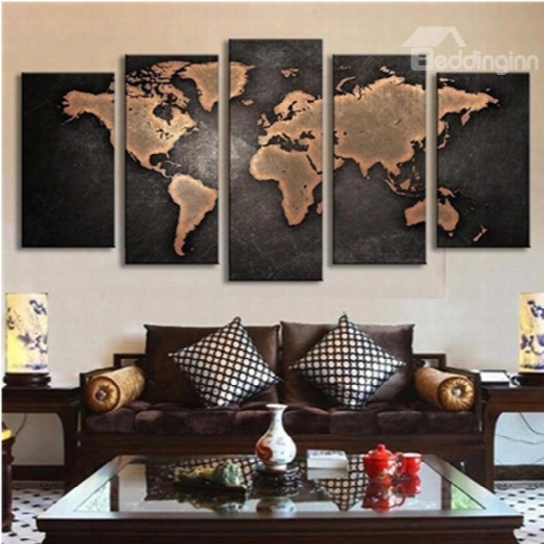 World Map 5-piece Canvas Hung Non-framed Wall Prints