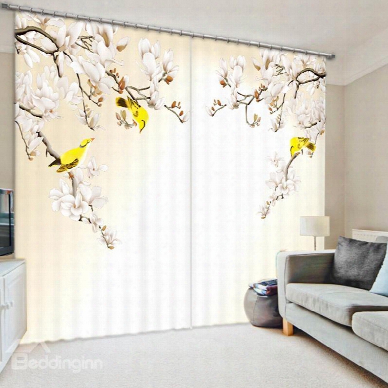 Yellow Birds On The Tree 3d Printed Polyester Curtain