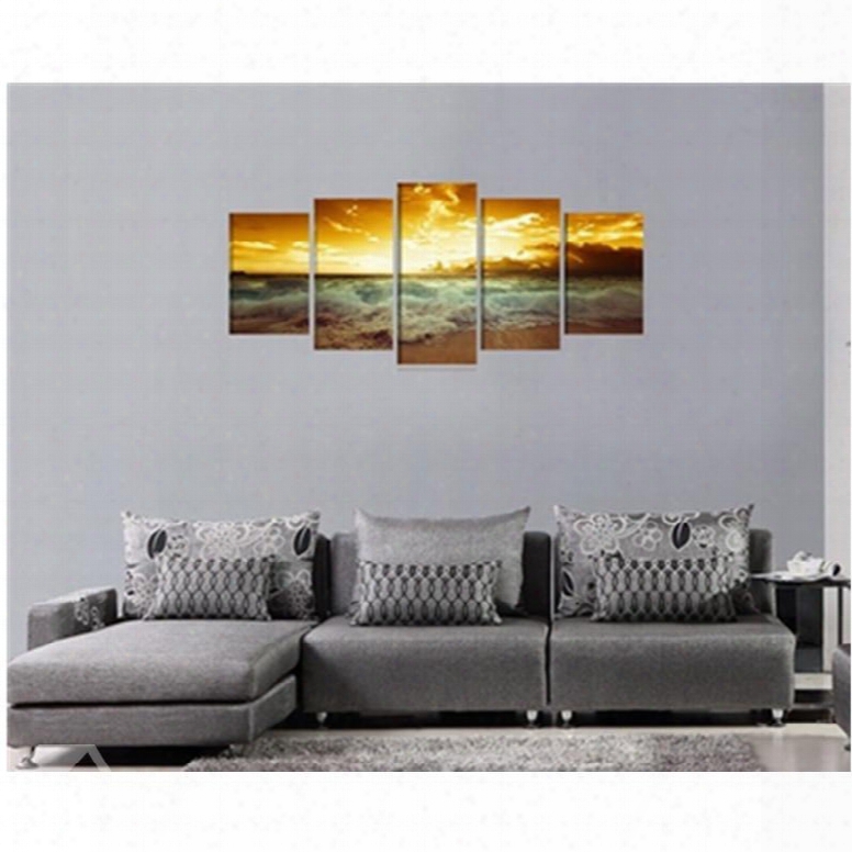 Yellow Sunrise On The Beach Hanging 5-piece Canvas Non-framed Wall Prints