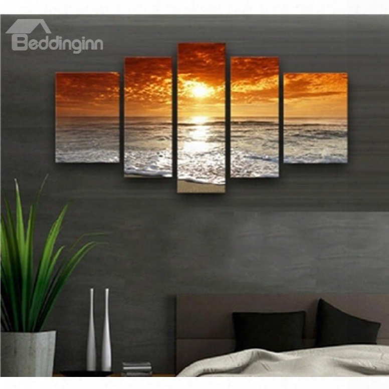 Yellow Sunset Above Sea Level Hanging 5-piece Canvas Non-framed Wall Prints