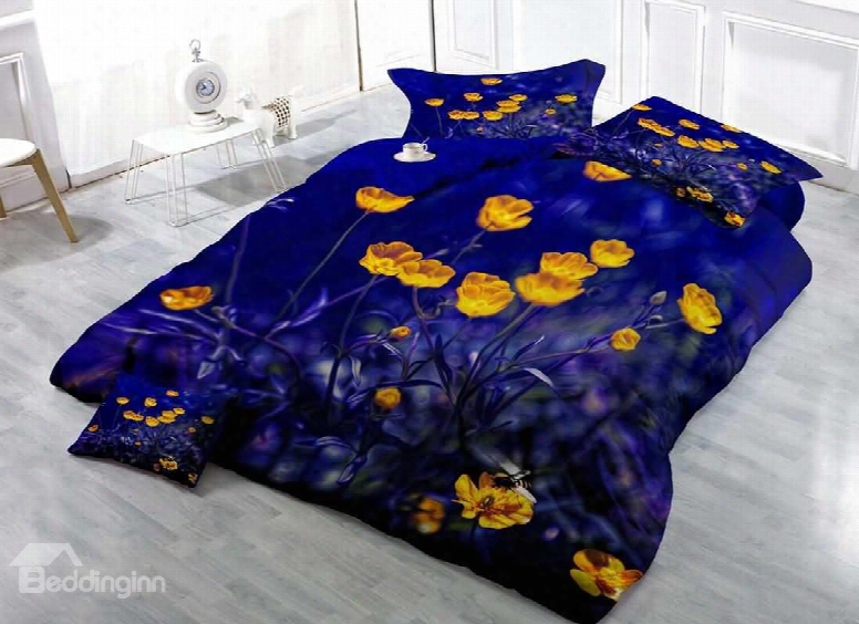Yellow Tulip In Dark Night Cotton Luxury 3d Printed 4-pieces Bedding Sets