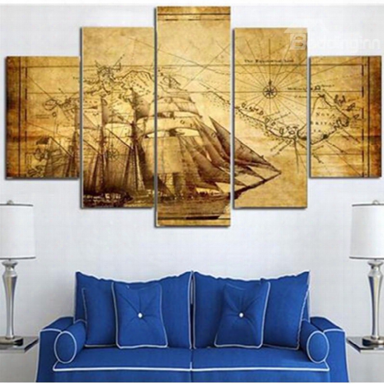 Yellow Vintage Sailboat And Mapp 5-panel Canvas Hanging Eco-friendly Non-framed Prints