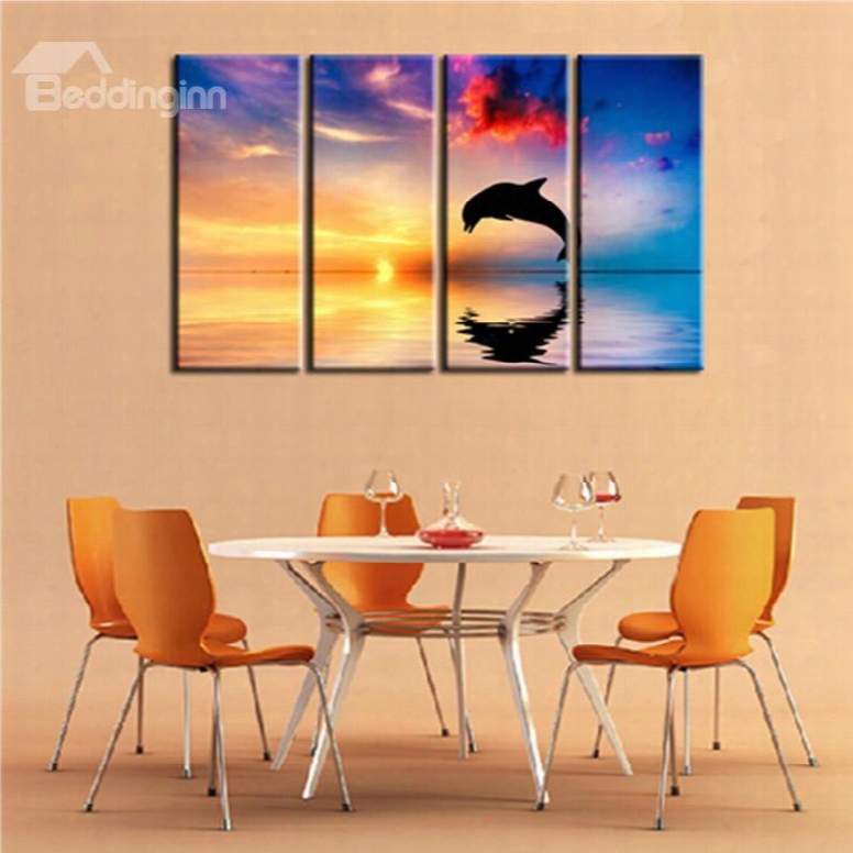 12␔32in␔4 Panels Golden Sunrise And Jumping Dolphin Hanging Canvas Non-framed Wall Prints