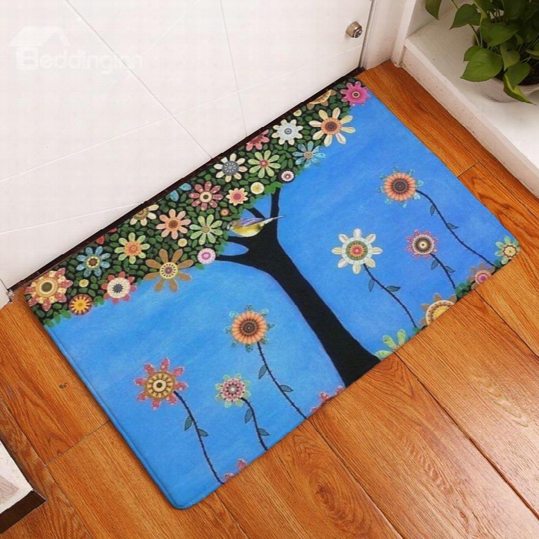 16␔24in Blue Background With Colorful Flowers Flannel Water Absorption An Dnonslip Bath Rug/mat