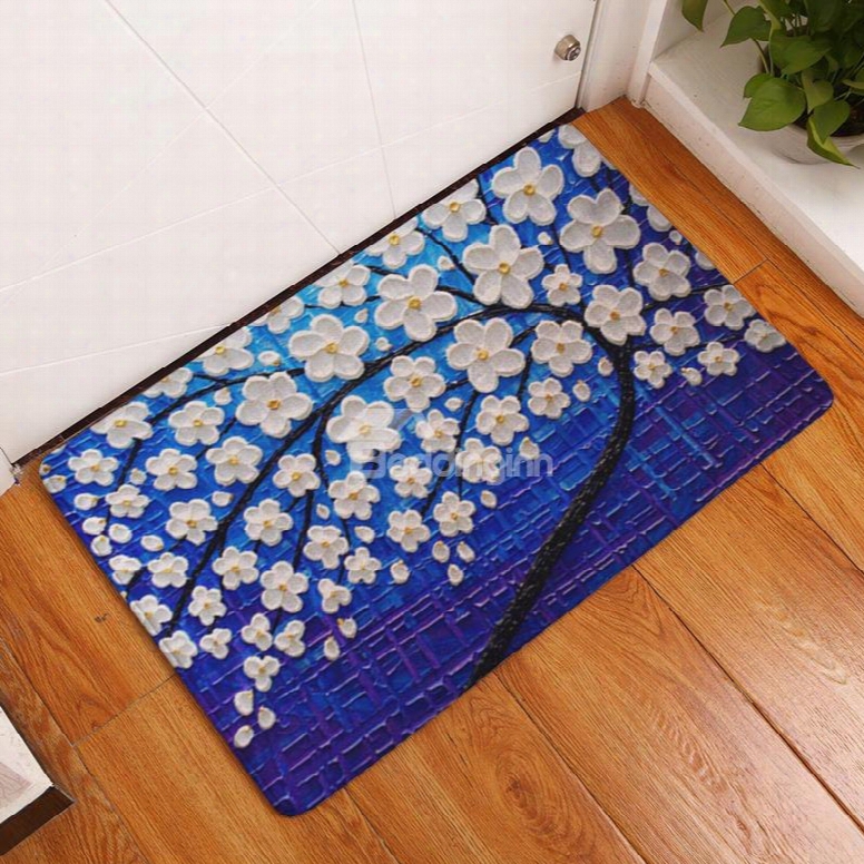 16␔24in White Flowers Flannel Water Absorption Soft And Nonslip Blue Bath Rug/mat