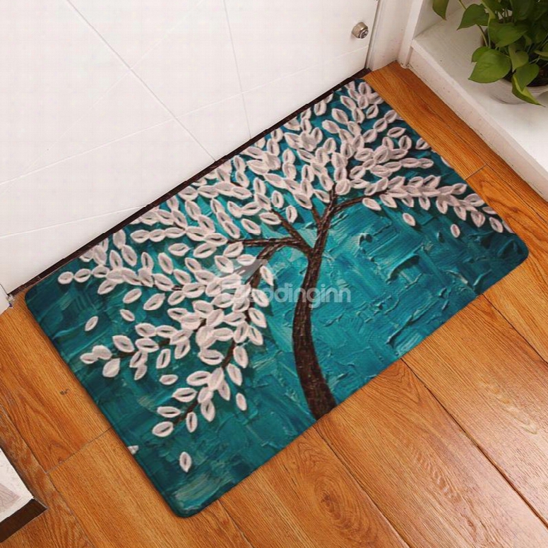 16␔24in White Leaves Flannel Wter Absorption Soft And Nonslip Blue Bath Rug/mat