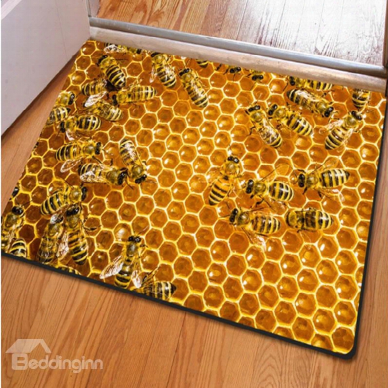 16␔24in Yellow Beehive And Bees Rubber And Felt Waterproof And Nonslip 3d Doormat
