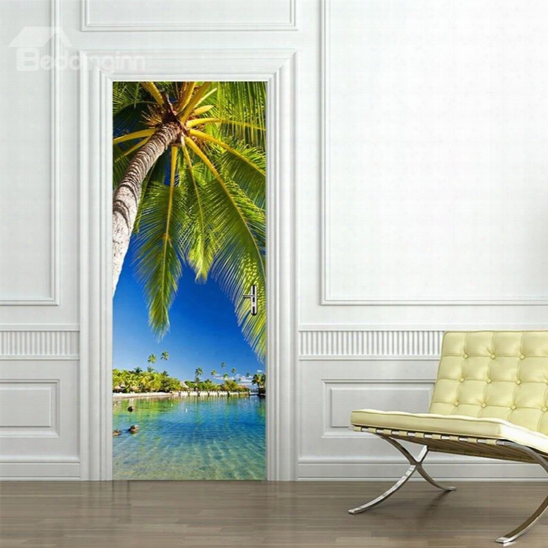 30␔79in Palm And Blue Sky Pvc Environmental And Waterproof 3d Door Mural