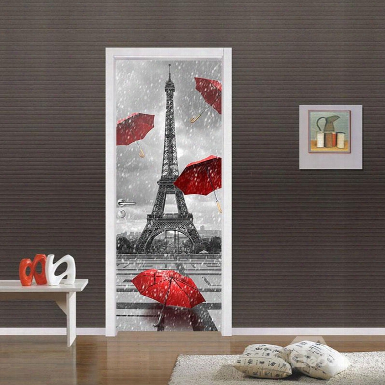 30␔79in Red Umbrellas And Tower In Rainy Day Pvc Waterproof 3d Door Mural