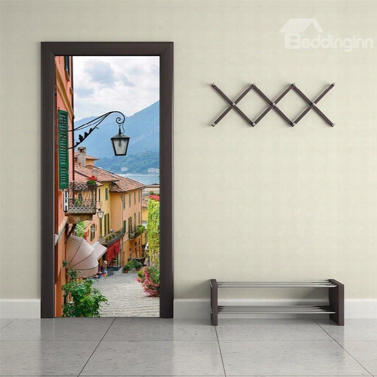 30␔79in Town Surrounded By Mountains Pvc Environmental And Waterproof 3d Door Mural