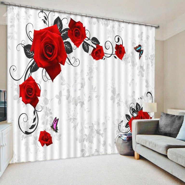 3d Beautiful Red Rose And Butterflies Printed Polyester Floral Scenery 2 Panels Custom Curtain