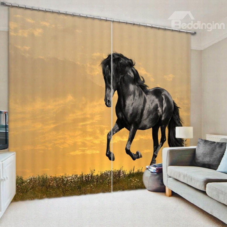 3d Black Horse Runjing In The Grassland Printed Living Room And Study Polyester Curtain