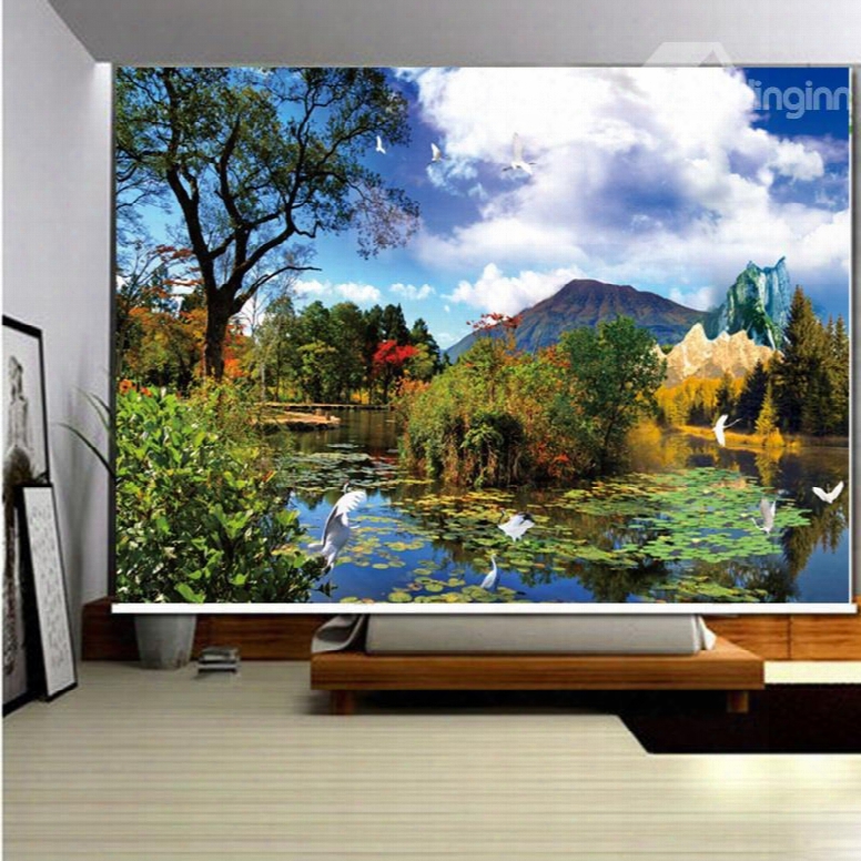 3d Blue Sky And White Clouds With Trees And Mountains Printed Blackout Roller Shades