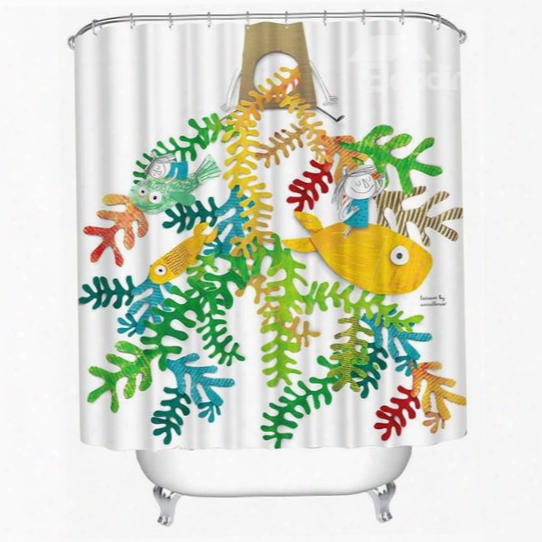 3d Cartoon Fish And Girl Printed Polyester Bathroom Shower Curtain