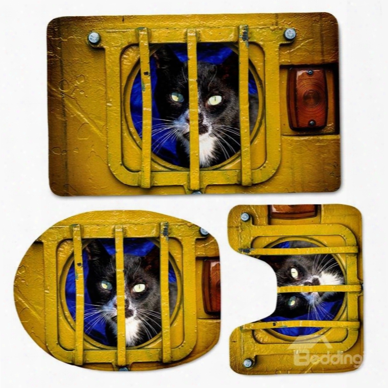 3d Cat In Cage Printed Flannel 3-piece Yellow Toilet Seat Cover