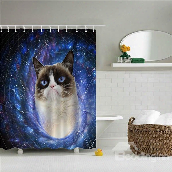3d Cat In Galaxy Printed Polyester Bathroom Shower Curtain