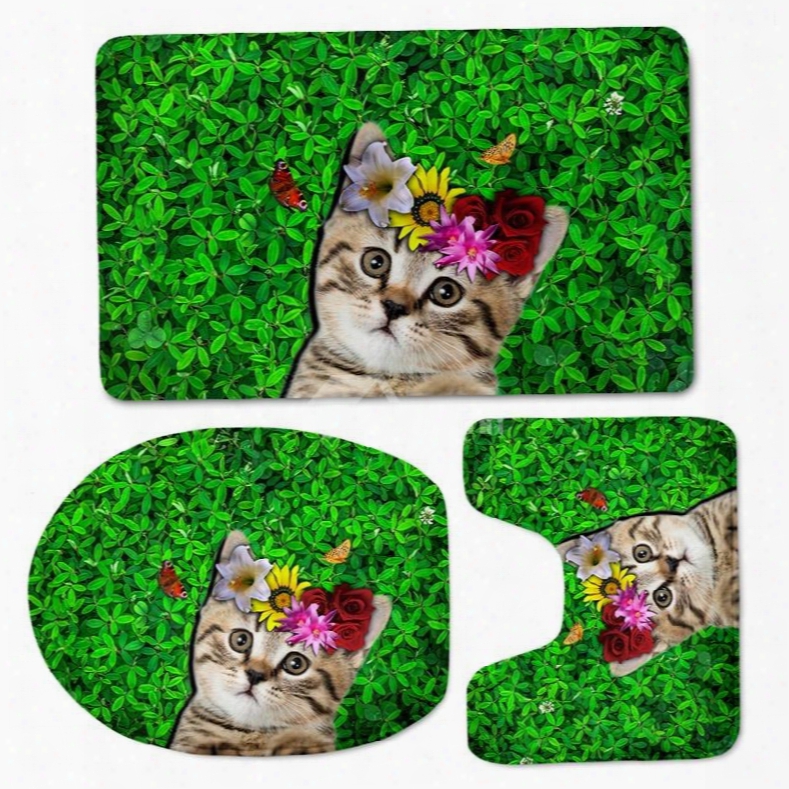 3d Cat In Grassland Printed Flannel 3-piece Green Toilet Seat Cover
