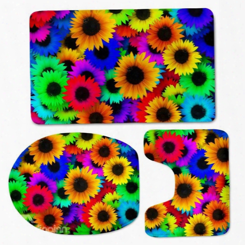 3d Colorful Sunflowers Printed Flannel 3-piece Toilet Seat Cover