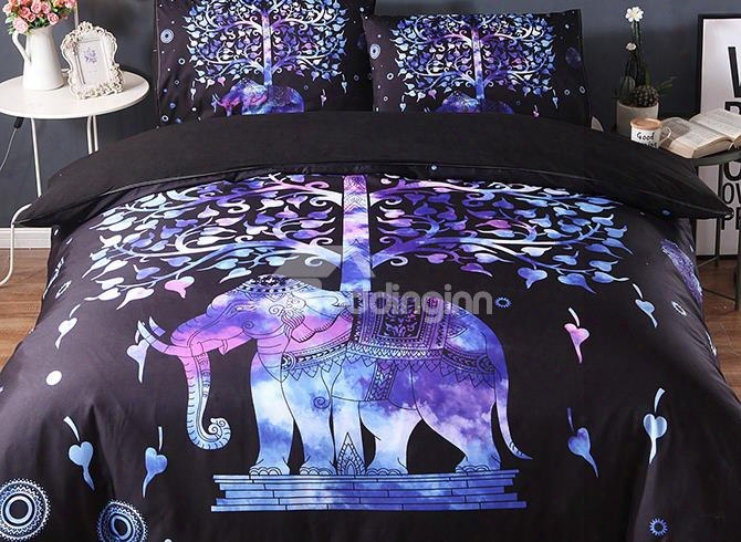 3d Elephant And Tree Printed Exotic Style Polyester 3-piece Black Bedding Sets