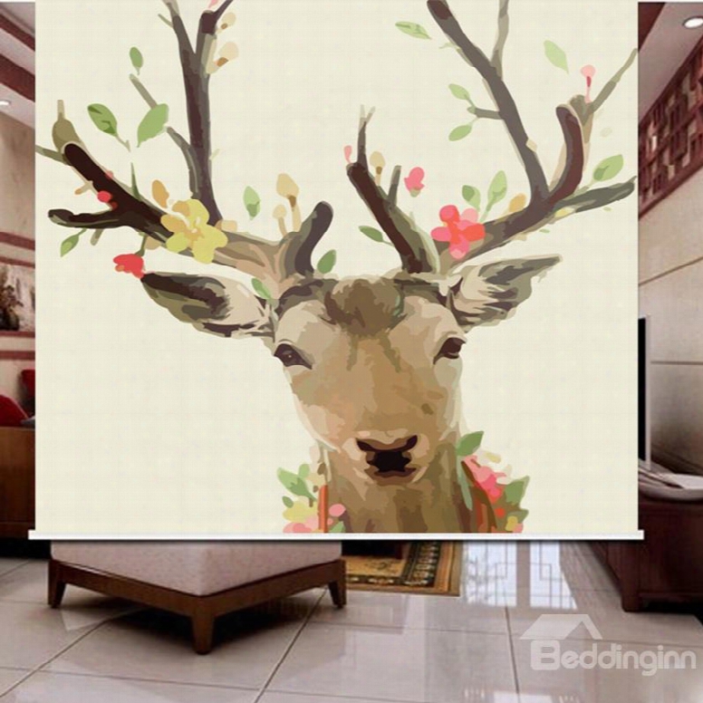 3d Elk With Glass And Flowers Cartoon Style Printed Blackout Roller Shades