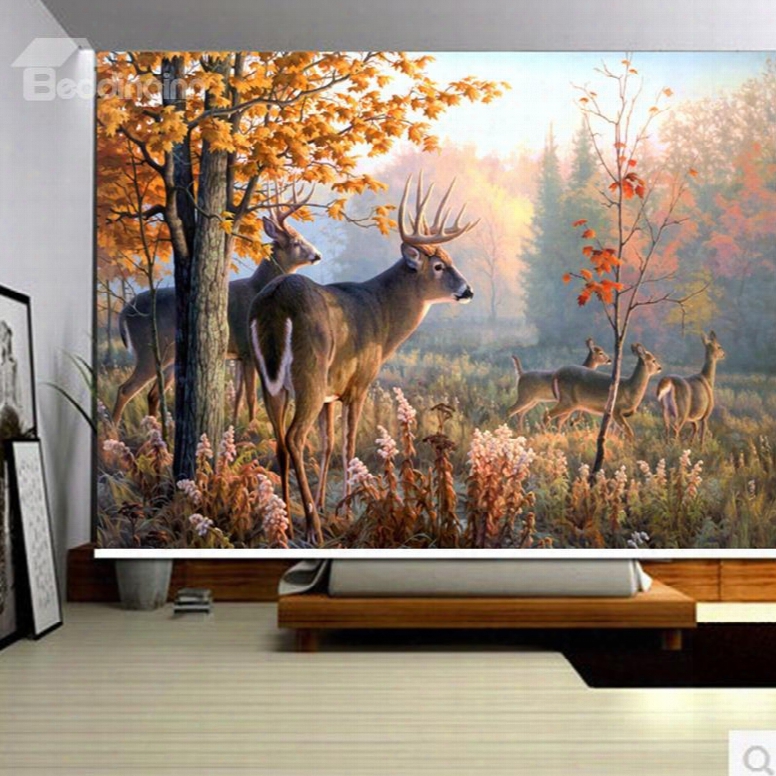 3d Elks And Yellow Trees Printed Wild Animals Style Polyester Blackout Roller Shades