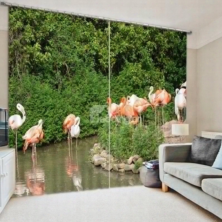 3d Flamingos With River And Trees Printed Thick Polyester 2 Panels Curtain