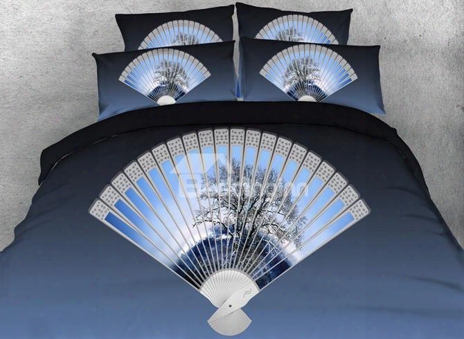 3d Folding Fan Printed Cotton 4-piece Blue Bedding Sets/duvet Covers