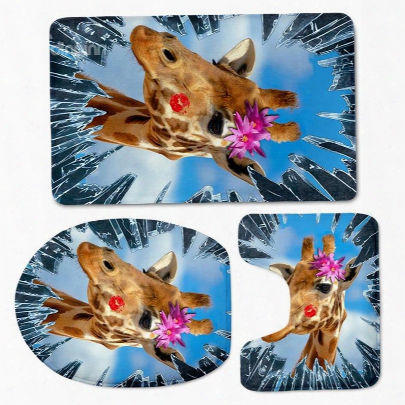 3d Giraffe With Erd Lip And Cactus Flower Pattern Flannel 3-piece Toilet Seat Cover