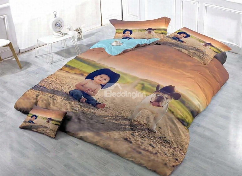 3d Kid And Bulldog Printed Cotton 4-piece Bedding Sets/duvet Covers