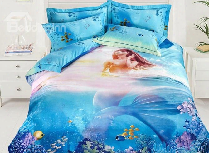 3d Mermaid In The Sea Printed Cotton 4-piece Blue Bedding Sets/duvet Covers
