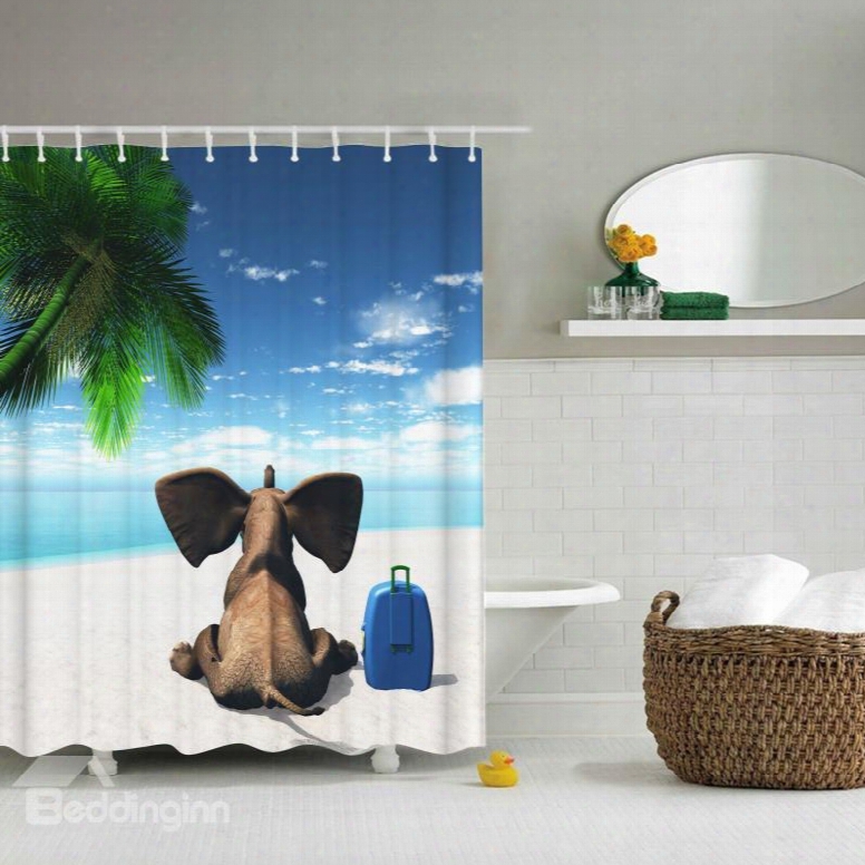 3d Mouldproof Elephant On The Beach Printed Polyester Bathroom Shower Curtain