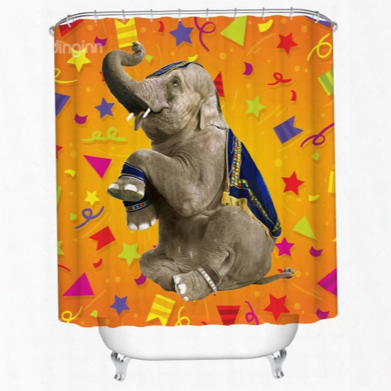 3d Mouldproof Elephant Printed Polyester Yellow Bathroom Shower Curtain