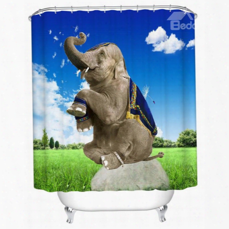 3d Mouldproof Sitting Elephant Printed Polyester Blue Bathroom Shower Curtain