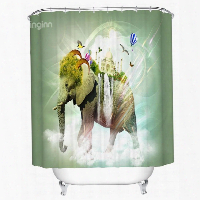 3d Mouldproof Transformed Elephant Printed Polyester Green Bathroom Shower Curtain