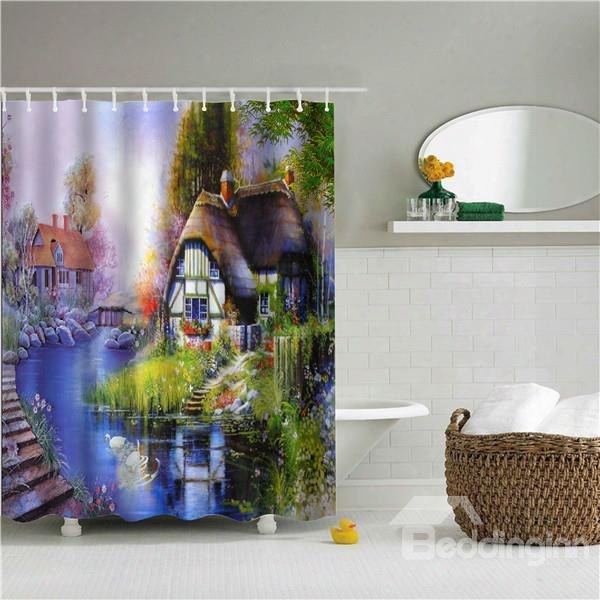 3d Oil Painting House Printed Polyester Bathroom Shower Curtain