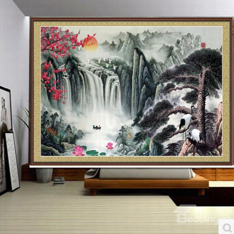 3d Old Pines And Mountains With Plum Blossoms Printed Natural Style Blackout Curtain