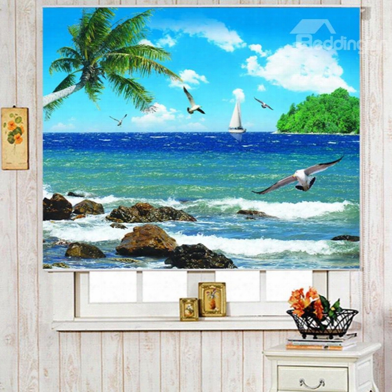 3d Palm Trees And Flying Seagulls With Blue Seawater Beautiful Scenery Curtains Roller Shade