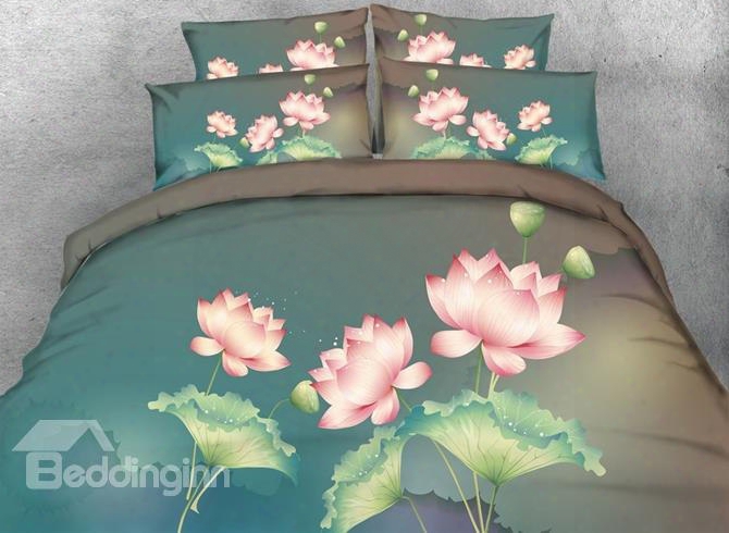 3d Pink Lotus Printed Cototnn 4-piece Blue Bedding  Sets/duvet Covers