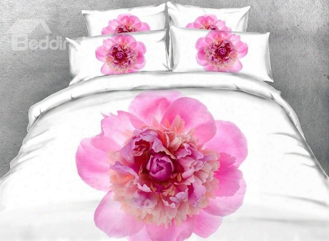 3d Pink Peony Printed Cotton 4-piece White Bedding Sets/duvet Covers