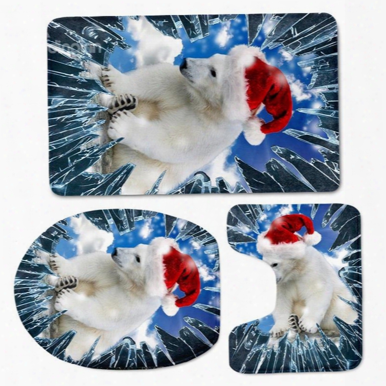 3d Polar Bear Printed Flannel 3-piece Toilet Seat Cover