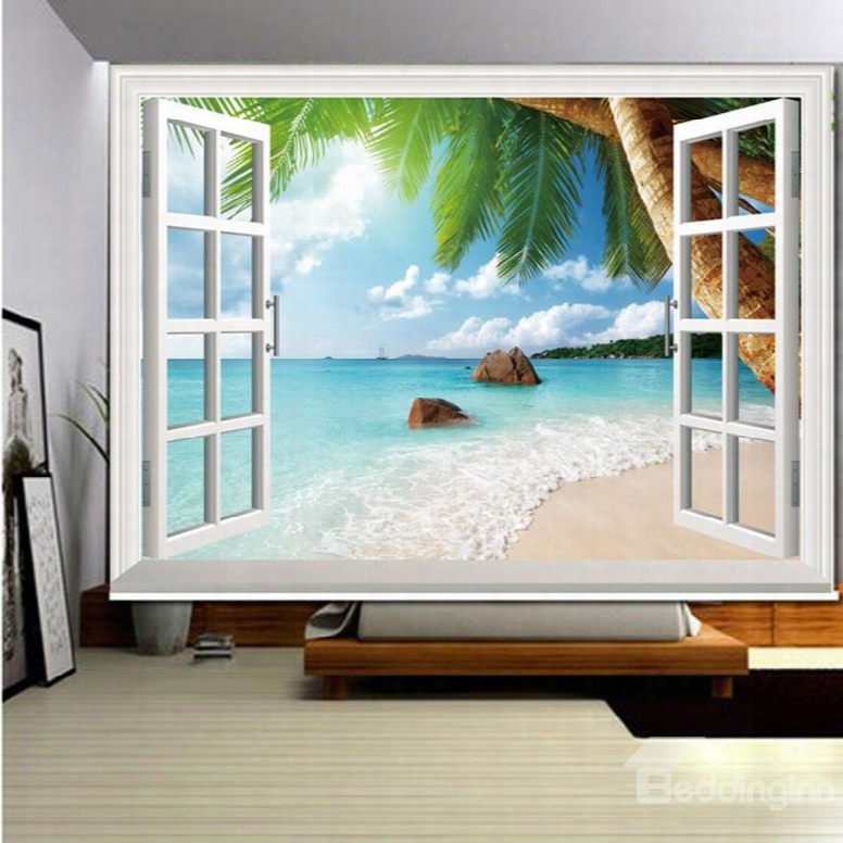 3d Printed Waves And Palm Trees Inthe Seaside Polyester Scenery Curtains Roller Shade