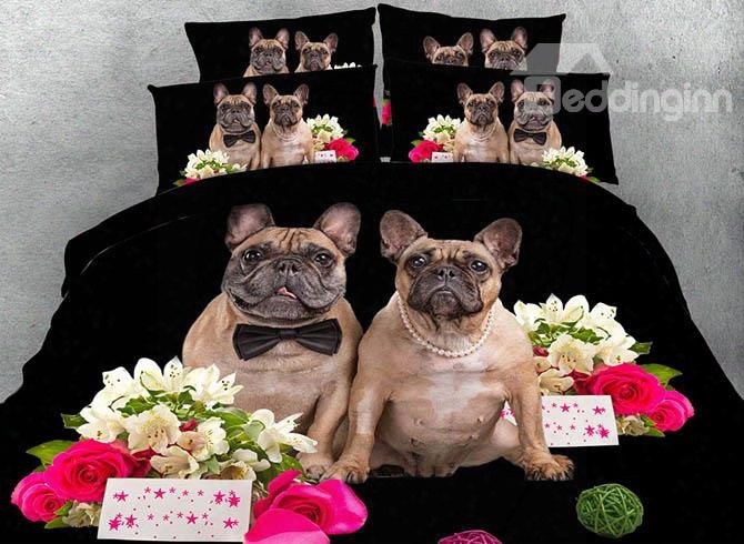 3d Pug Dog Couple And Pink Rose Printed 4-piece Black Bedding Sets