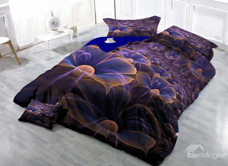 3d Purple Flower Printed Cotton 4-piece Bedding Sets/duvet Covers