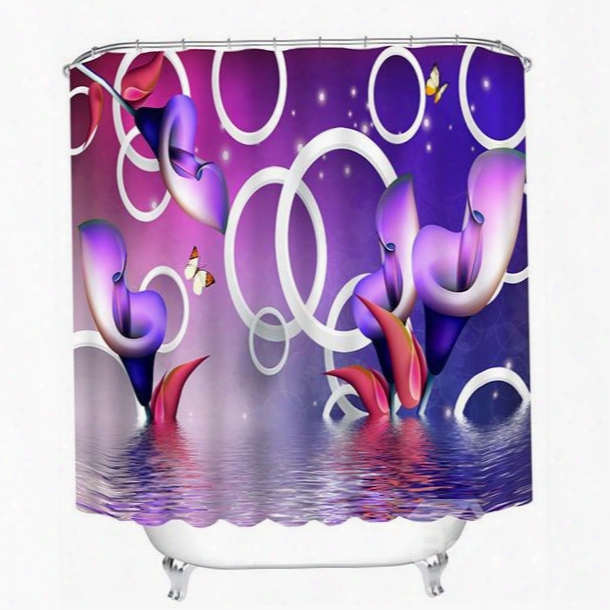 3d Purple Lilies In The Water Printed Polyester Shower Curtain