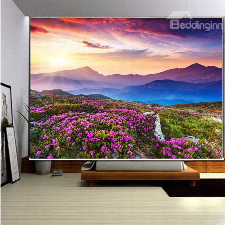 3d Purple Rhododendrons And Sunset Mountains Printed Natural Scenery Roller Shades