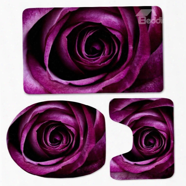 3d Purple Rose Printed Flannel 3-piece Toilet Seat Cover