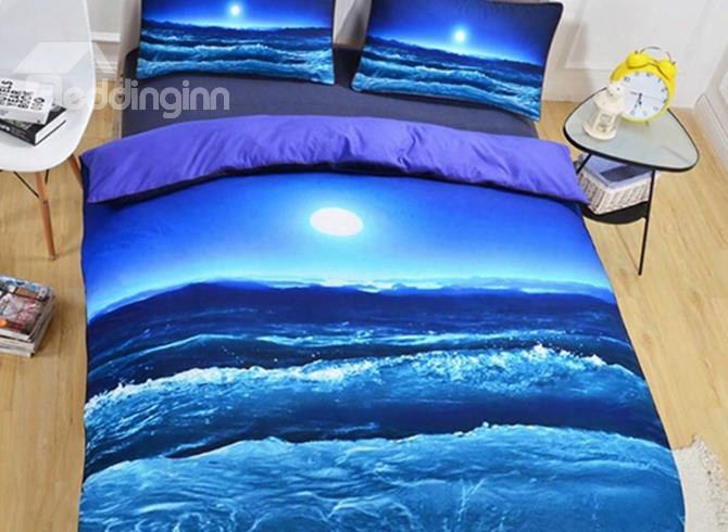 3d Sea Scenery And The Moon Printed Polyester 3-piece Black Bedding Sets