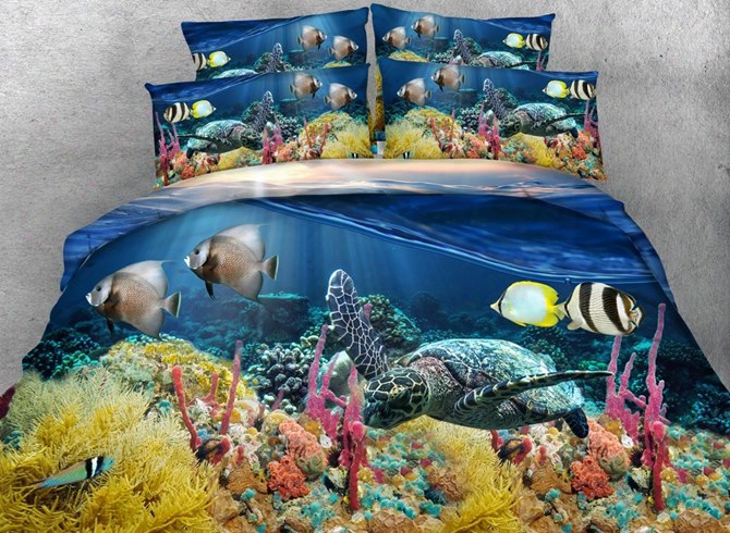 3d Sea Turtle Printed Cotton 4-piece Bedding Sets/duvet Covers