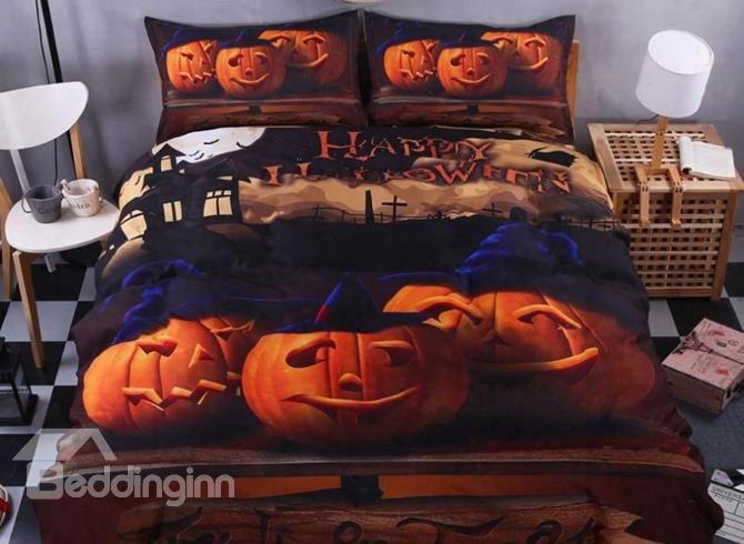 3d Smiling Halloween Pumpkins Printed Polyester 4-piece Bedding Sets/duvet Covers